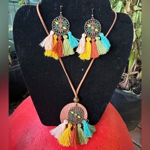 3 pc Boho Multicolor Tassel Necklace and Earrings Set